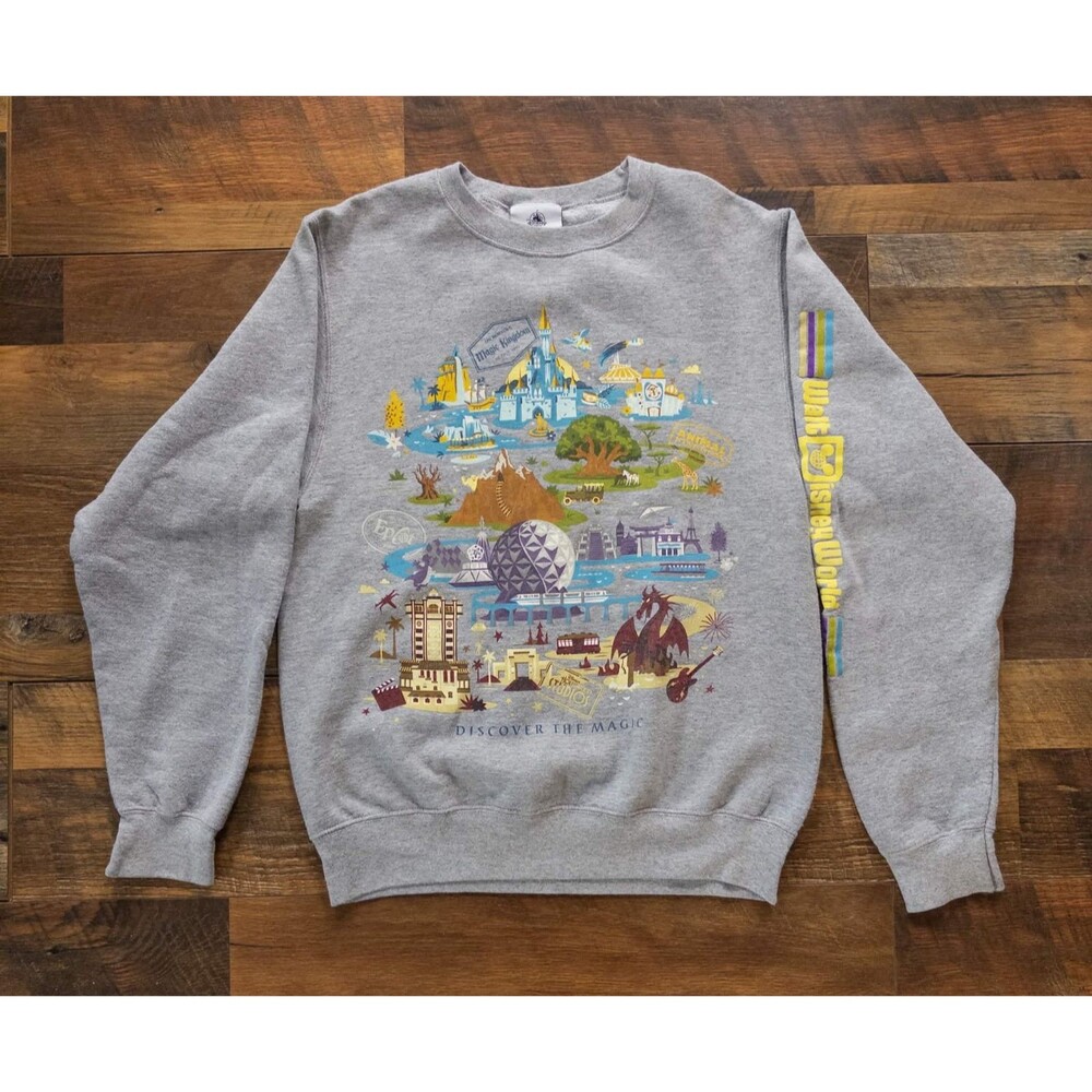 Disney Parks WDW Sweatshirt Unisex S Gray Graphic Discover Magic Four Parks 2018